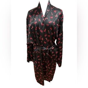 90s DELICATES BLACK & RED SATIN DITZY BOW PRINT KIMONO ROBE LOUNGEWEAR SZ XL